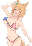 1girl :d ;d american_flag american_flag_bikini american_flag_print animal_ears big_breasts bikini blue_eyes breasts commentary_request flag_print flag_print_bikini high_res himura_anzu horse_ears horse_girl horse_tail one_eye_closed open_mouth orange_hair print_bikini short_hair simple_background smile star_(symbol) star_print striped_bikini striped_clothes swimsuit taiki_shuttle_(umamusume) tail umamusume umamusume_pretty_derby white_background