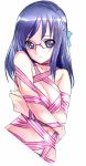  1girl blue_hair blush breasts dodai_shouji dokidoki!_precure glasses highres hishikawa_rikka jpeg_artifacts long_hair looking_at_viewer naked_ribbon nude precure ribbon simple_background solo white_background 