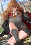  ai_generated bare_thighs big_breasts brown_eyes brunette harry_potter hermione_granger hogwarts_school_uniform huge_breasts huge_thighs light-skinned_female light_skin long_hair looking_at_viewer massive_breasts solo_female squatting sweat sweatdrop thick_body thick_female thick_thighs thighs voluptuous voluptuous_female wand 