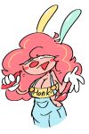 1girl balloon breasts bunny_ears carolina_(crispychickenmm) clown clown_girl clown_makeup clown_nose conchichita_(crispychickenmm) crispychickenmm eyelashes gloves holding makeup neckline overalls pink_body pink_fur pink_hair simple_background tail twitter_user_oc yellow_eyes