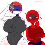  1girl 2_girls albania_(countryhumans) amogus among_us among_us_reference arm_under_breasts big_breasts big_thighs blush breasts countryhumans countryhumans_girl eye_closed eye_patch holding_head huge_breasts kak0yt0_chel serbia_(countryhumans) swimsuit tagme 