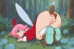 1girl 2025 anus blue_eyes cartoon cartoony cute exposed_butt fairy fairy_wings female forest kirby_(series) kirby_64 looking_back messy parody pink_hair poop pooping red_dress ribbon_(kirby) smile smiling solo_female solo_focus vagina wings