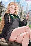  ai_generated bare_thighs blonde_hair blush crossed_legs draco_malfoy draco_malfoy_(redteneri) earrings fat_ass genderswap genderswap_(mtf) green_eyes hair_between_eyes harry_potter hogwarts_school_uniform huge_thighs light-skinned_female light_skin long_hair looking_at_viewer small_breasts solo_female squatting sweat sweatdrop thick_body thick_female thick_thighs thighs voluptuous voluptuous_female wand 