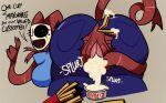 1girl 1girl ass ass big_ass bow breasts clothed_female cum dialogue eyelashes fast_food fast_food_uniform female_focus food food_insertion gangle_(the_amazing_digital_circus) hole_in_pants masturbation mayonnaise onomatopoeia pussy pussy_juice red_bow red_skin tail the_amazing_digital_circus thumbs_up vaginal_juices