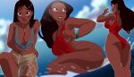  3_girls alternate_costume ass back bare_legs big_ass big_breasts black_hair blue_camisole blush breasts brown_eyes brown_shorts camisole cleavage closed_mouth cloud collarbone cosplay dark-skinned_female dark_skin day disney female_only from_behind hand_up highleg highleg_one-piece_swimsuit highleg_swimsuit inkershike legs legs_together lifeguard lifeguard_(lilo_and_stitch) lifeguard_(lilo_and_stitch)_(cosplay) lilo_and_stitch lips lipstick long_hair looking_at_viewer looking_back looking_to_the_side makeup medium_breasts midriff multiple_girls multiple_persona nani_pelekai neck ocean one-piece_swimsuit outside parted_lips pink_lipstick red_one-piece_swimsuit red_swimsuit short_shorts shorts sitting sky sleeveless smile standing straight_hair surprised swimsuit teen teenage_girl thick_lips thick_thighs thighs turnaround water waves wet wet_body wet_clothes wet_hair wet_shorts wristwatch 