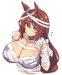 1girl animal_ears bandage_on_hair bandaged_arm bandaged_hand bandaged_torso bandages bandeau big_breasts blue_eyes breasts brown_hair cleavage collarbone commentary hair_between_eyes high_res horse_ears horse_girl kugui_kiyunemu long_hair looking_at_viewer official_alternate_costume purple_bandeau simple_background super_creek_(umamusume) torn_bandages torn_bandeau umamusume upper_body white_background