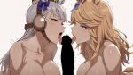  1boy 2_girls ai_generated animal_ears artist_request ass blonde blonde_hair blue_eyes blush breasts collarbone cooperative_fellatio double_fellatio eye_contact fellatio gal gigantic_ass gigantic_breasts gold_city_(umamusume) gold_ship_(umamusume) group group_sex gyaru hair_ornament horse_ears horse_girl horse_tail huge_ass huge_breasts huge_cock huge_penis light-skinned_female light_skin open_mouth oral oral_sex penis sweat sweatdrop sweating tail threesome tongue tongue_out umamusume umamusume_pretty_derby white_background 