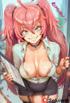 ai_generated areolae_visible_through_clothing bare_thighs big_penis blue_eyes blush dark_areolae futa_only futanari huge_areolae huge_cock huge_thighs light-skinned_female light_skin long_hair looking_at_viewer medium_breasts milim_nava office_lady penis pink_hair seluneth smile squatting sweat sweatdrop tensei_shitara_slime_datta_ken thick_body thick_female thick_thighs thighs twin_tails veiny_penis voluptuous voluptuous_female