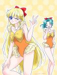 2_girls adult_swim alluring bishoujo_senshi_sailor_moon bishoujo_senshi_sailor_moon_s blonde_hair blue_eyes blush bow earrings hemuhemu_moca high_res jewelry laughing long_hair medium_breasts michiru_kaiou minako_aino multiple_girls one-piece_bikini one_eye_closed red_bow swimsuit teal_hair toonami very_long_hair wink