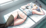 1girl absurd_res alluring animal_ears arms_up bed black_panties black_pantyhose cat_ears chest_jewel cleavage clothes_pull crossed_legs grey_hair high_res looking_at_viewer lying mio_(xenoblade) navel on_back panties pantyhose pantyhose_pull sakunaru short_hair stomach sunlight underwear window xenoblade_(series) xenoblade_chronicles_3 yellow_eyes