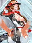  1girl ass bodysuit breasts breasts_outside brown_eyes brown_hair buttjob censored chousoku_henkei_gyrozetter cleavage cum cum_on_ass cum_on_body cum_on_breasts cum_on_upper_body dodai_shouji ejaculation facial gloves hetero high_res highres huge_ass jacket long_hair male_hand mukai_akira nipples open_clothes open_jacket open_mouth penis ponytail surprised visor visor_cap 