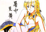 1girl bare_arms bare_shoulders blonde_female blonde_hair blue_dress blue_eyes braid breasts cleavage cleavage_cutout closed_mouth clothing_cutout dress eyebrows_hidden_by_hair female_only female_solo hair_between_eyes half_updo isao_outaki isao_outaki_(artist) jeanne_kaguya_d'arc long_hair looking_at_viewer medium_breasts multicolored_clothes multicolored_dress neck nobunaga_the_fool sidelocks sleeveless sleeveless_dress smile straight_hair translation_request two-tone_dress white_dress