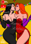 2_girls bare_shoulders big_breasts black_dress black_gloves black_hair black_lipstick breast_press breasts claws cleavage closed_eyes collarbone couple crossover disney dress duo elbow_gloves english_text eyeshadow female/female female_only fullmetal_alchemist gloves hand_up happy_holidays homunculus hugging interspecies jessica_rabbit kaywest kissing lips lipstick long_dress long_hair love lust_(fullmetal_alchemist) makeup medium_breasts monster_girl multiple_girls mutual_yuri neck orange_hair purple_eyeshadow purple_gloves red_dress red_lipstick romantic romantic_couple side_slit sideboob single_claw standing straight_hair strapless strapless_dress text thick_thighs thighs who_framed_roger_rabbit yellow_background yuri