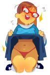 1girl bingledingus blushing_at_viewer breasts brown_hair curvy_figure kindergarten_(game) kindergarten_3 lifting_skirt ms._lovelett red_glasses red_underwear sweatdrop thick_thighs twitter_username