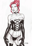 1girl arms_at_sides bangs bare_shoulders big_breasts black_choker black_collar black_corset black_gloves black_legwear black_panties black_queen black_thighhighs black_underwear breasts carlos_braga choker cleavage closed_mouth collar collarbone corset dark_persona dominatrix elbow_gloves female_only female_solo gloves grey_eyes grey_lipstick hair_bun jean_grey jewelry legwear lips lipstick looking_at_viewer makeup marvel marvel_comics midriff naughty_face navel neck panties parted_bangs red_hair revealing_clothes short_hair sidelocks simple_background smile spiked_collar spikes standing stockings strapless tied_hair underwear white_background x-men x-men:_the_animated_series