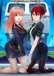 2_girls aoi_sakurai belt big_breasts black_belt black_jacket black_legwear black_pantyhose black_skirt blue_eyes breast_press breasts brown_legwear brown_pantyhose closed_mouth collared_shirt couple day duo eyebrows_visible_through_hair eyes_visible_through_hair female/female female_only folded_ponytail friends full_body glasses gloves green_necktie hair_between_eyes hair_intakes hand_up happy haruka_koumi holding_hands holster indoors interlocked_fingers jacket kneel kneeling_on_floor koumi_haruka legwear light_brown_hair long_hair long_sleeves looking_at_viewer love miniskirt multiple_girls mutual_yuri neck neck_tie on_floor open_clothes open_jacket open_mouth pantyhose pencil_skirt rail_wars! red_eyes red_hair red_necktie round_teeth sakurai_aoi shadow shirt short_hair side_slit skirt sleeves_rolled_up smile straight_hair swordwaltz swordwaltz_(artist) teeth tied_hair torn_legwear torn_pantyhose train train_station uniform upper_teeth upper_teeth_only white_gloves white_shirt yuri
