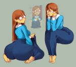 1girl 2d_(artwork) ass ass_bigger_than_head ass_focus ass_visible_through_clothes barefoot biting_lip blue_dress bottom_heavy bra bubble_butt clothing fat_ass feet feet_focus female_only ginger_hair glasses huge_ass innocent kindergarten kindergarten_(game) kindergarten_3 looking_at_viewer ms._lovelett nerd no_shoes panties pussy pussy_hair roughjamart_(artist) sitting sitting_down soles teacher toes voluptuous voluptuous_female