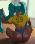 1girl big_breasts blue_eyes blue_hair brazilian_miku bubble_butt cleavage dark-skinned_female hatsune_miku horny inviting_to_sex miku_hatsune oroborus pose sitting teasing thick_thighs vocaloid