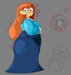 1girl ass ass_focus ass_in_dress bangs big_breasts blue_eyes blue_skin blush breasts closed_mouth colored_skin dress english_text grey_background grin huge_breasts jurynavthesheep kindergarten_(game) kindergarten_3 large_ass long_hair long_sleeves looking_at_viewer ms._lovelett open_mouth orange_hair original pawg side_view simple_background smile smiling_at_viewer standing text thick_thighs thunder_thighs very_long_hair