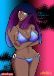  bikini blue_eyes english_text eyebrows eyebrows_visible_through_hair female halftone heterochromia human pink_eyes single_blue_eye single_pink_eye solo text 