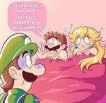 1girl 2boys bed bed_sheet blonde_hair blush caught caught_in_the_act english_text implied_sex long_hair luigi manysart1 mario mario_(series) nintendo princess_peach sexually_suggestive sheet_grab sweat sweatdrop text