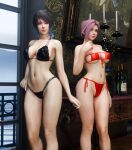  2_girls alluring bare_legs begs3 big_breasts bikini black_and_blue_hair blue_eyes brown_eyes dead_or_alive dead_or_alive_xtreme_venus_vacation elise_(doa) pin_up pink_hair shandy_(doa) tecmo 