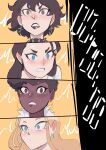 4girls 4koma aaliyah_(biku) barbara_(biku) biku black_hair blonde_hair blue_earrings blue_eyes blush brown_eyes clenched_teeth collar cross_earrings deborah_(biku) earrings elena_(biku) have_to_pee hoop_earrings lipstick long_hair mole mole_under_eye need_to_pee original shirt short_hair spiked_collar sweat timer white_earrings white_shirt wide_eyed