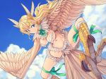 1girl big_breasts blonde_hair blue_eyes breasts claws cloud feathered_wings feathers green_ribbon hair_ornament harpy jajala large_breasts leg_ribbon long_hair monster_girl neck_ribbon original ribbon sky solo wings