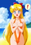 1girl adult_swim alluring bare_legs beach big_breasts bishoujo_senshi_sailor_moon bishoujo_senshi_sailor_moon_r bishoujo_senshi_sailor_moon_r_the_movie bishoujo_senshi_sailor_moon_s bishoujo_senshi_sailor_moon_s_the_movie bishoujo_senshi_sailor_moon_supers bishoujo_senshi_sailor_moon_supers_the_movie blonde_hair blue_eyes covering_breasts cute minako_aino sepia_tone_(artist) sling_bikini toei_animation toonami