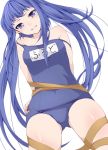  1girl absurd_res bare_shoulders bdsm blue_eyes blue_hair bondage duct_tape furudo_erika high_res long_hair name_tag nemu_(nebusokugimi) ribbon school_swimsuit simple_background solo strap_slip swimsuit swimsuit_pull tears twin_tails umineko_no_naku_koro_ni white_background 