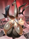  1girl animal_ears ass back_seamed_legwear big_breasts breasts bunny_ears bunnysuit checkered checkered_floor crotch dodai_shouji high_heels high_res huge_ass legs long_hair nail_polish original pantyhose pink_hair red_eyes shoes trefoil wrist_cuffs 