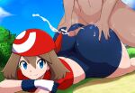 1boy 1girl ai_generated ass assjob big_ass booty_shorts breasts buttjob cum cum_on_ass ejaculation game_freak huge_ass may_(pokemon) nintendo penis_on_ass pokemon
