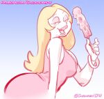  2025 american_dad blonde_hair blue_background chickpea digital_drawing_(artwork) dih francine_smith gradient_background limited_palette lipstick long_hair looking_at_viewer popsicle simple_background smile 