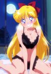 1girl alluring bare_legs beautiful bed big_breasts bishoujo_senshi_sailor_moon bishoujo_senshi_sailor_moon_r bishoujo_senshi_sailor_moon_r_the_movie bishoujo_senshi_sailor_moon_s bishoujo_senshi_sailor_moon_s_the_movie bishoujo_senshi_sailor_moon_supers_the_movie blonde_hair blue_eyes bra cleavage cute heart-shaped_pupils lingerie looking_at_viewer minako_aino on_bed on_knees panties sepia_tone_(artist) toei_animation toonami underwear