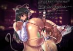  2girls animal_ears areola black_hair breast_sucking breasts brown_hair collar cow_ears cow_tail elbow_gloves erect_nipples gigantic_breasts gloves hair hiiaru horns lactation long_hair milk milking_machine multiple_girls ponytail puffy_nipples purple_eyes shiny_skin tail 