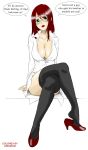 big_breasts breasts crossed_legs green_eyes lipstick milf redhead shirt stockings teacher