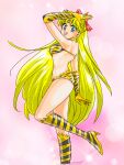 1girl adult_swim alluring animal_print bikini bishoujo_senshi_sailor_moon bishoujo_senshi_sailor_moon_r bishoujo_senshi_sailor_moon_r_the_movie bishoujo_senshi_sailor_moon_s bishoujo_senshi_sailor_moon_s_the_movie bishoujo_senshi_sailor_moon_supers bishoujo_senshi_sailor_moon_supers_the_movie blonde_hair blue_eyes blush boots bow choker cosplay crossover cute earrings gloves hair_bow high_heels jewelry long_hair looking_at_viewer lum_(cosplay) medium_breasts minako_aino mushuku open_mouth orange_bikini orange_footwear orange_gloves pink_background print_bikini print_gloves red_bow sailor_venus smile sparkle standing standing_on_one_leg swimsuit tiara tiger_print toei_animation toonami urusei_yatsura very_long_hair