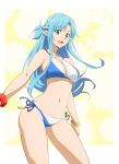 1girl asuna_(sao) asuna_(sao-alo) asuna_yuuki asymmetrical_bangs bangs bare_legs bare_shoulders bikini blue_eyes breasts collarbone female_only female_solo happy legs light_blue_hair long_hair looking_at_viewer medium_breasts midriff navel neck open_mouth round_teeth side-tie_bikini smile standing straight_hair swimsuit sword_art_online teeth under_boob upper_teeth upper_teeth_only yamamoto_midori yamamoto_midori_(artist) yuuki_asuna