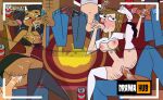 1girl 2_girls 2d badluckae big_breasts ellody_(tdi) female_focus glasses group_sex hourglass_figure male mary_(tdi) parallel_sex parallel_spitroast partial_male sex tagme the_ridonculous_race total_drama_island wide_hips