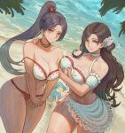 2girls absurd_res alluring beach big_breasts bikini black_hair dead_or_alive dead_or_alive_6 dead_or_alive_xtreme dead_or_alive_xtreme_venus_vacation green_hair high_res kunoichi long_hair lying momiji multicolored_hair multiple_girls ninja_gaiden ocean on_back one_eye_closed ponytail sand sayuri_(doa) swimsuit tamaki_(doa) tecmo tongue tongue_out voidmakerz white_bikini
