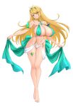 1girl 1girl alluring amber_eyes barefoot belly_dancer belly_dancer_outfit big_breasts blonde_hair circlet feichu_keju harem_girl harem_outfit long_hair mythra_(xenoblade) thong voluptuous xenoblade_(series) xenoblade_chronicles_2