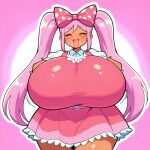 2d 2d_(artwork) ai ai_generated aigooner19aught7 alternate_version big_ass big_breasts breast_focus closed_eyes giant_breasts hyper_ass hyper_breasts laugh laughing nipples_poking nipples_visible_through_clothing omori open_mouth pink_dress pink_hair solo_female sweetheart_(omori) tan_skin tan_skinned_female text thick_thighs wobble wobbling_breasts
