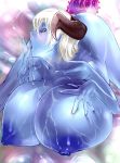  1girl blue_skin breasts demon_girl dodai_shouji gigantic_breasts horns licking nipples original pointy_ears red_eyes short_hair solo tongue wet white_hair 