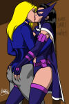 2_girls against_wall ass_grab big_breasts birds_of_prey black_canary black_hair blonde_female blonde_hair blue_cape blue_choker blue_gloves blue_jacket blue_legwear blue_leotard blue_mask blue_thighhighs breast_press breasts brown_background cape character_name choker closed_eyes couple dc_comics dcau dinah_lance domino_mask duo elbow_gloves female/female female_only fingerless_gloves gloves green_arrow_(series) grey_legwear grey_pantyhose helena_bertinelli hugging huntress_(dc) jacket justice_league justice_league_unlimited kaywest kissing legwear leotard lips lipstick long_hair long_sleeves love makeup mask multiple_girls mutual_yuri neck pantyhose pink_lipstick red_lipstick romantic romantic_couple shade standing stockings straight_hair symmetrical_docking yuri
