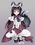 1girl animal_ears apron black_hair blush cum cum_in_clothes cum_on_clothes cum_through_clothes cup fox_ears fox_tail futanari grey_background long_hair looking_at_viewer maid maid_headdress original platform_clogs platform_footwear purple_eyes sandals simple_background solo squatting stockings tail teacup thighhighs transpot_nonoko white_legwear