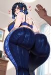1boy1girl 1girl ai_generated ass ass_focus blue_bra blue_hair blue_pants curvy curvy_female curvy_figure dark-skinned_male genshin_impact spanking yelan_(genshin_impact)