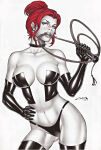 1girl bangs bare_shoulders big_breasts biting black_choker black_collar black_corset black_gloves black_legwear black_panties black_queen black_thighhighs black_underwear breasts carlos_braga choker cleavage collar collarbone contrapposto corset dark_persona dominatrix elbow_gloves female_only female_solo gloves grey_eyes grey_lipstick hair_bun hand_on_hip hand_up holding holding_weapon holding_whip jean_grey jewelry legwear lips lipstick looking_at_viewer lower_teeth makeup marvel marvel_comics midriff navel neck panties parted_bangs red_hair revealing_clothes round_teeth short_hair sidelocks simple_background spiked_collar spikes standing stockings strapless teeth tied_hair underwear upper_teeth weapon whip white_background x-men x-men:_the_animated_series