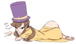 1girl a_hat_in_time ass bard-bot big_ass brown_hair cape feet hat_kid huge_ass laying_down looking_at_viewer looking_back mafia round_ass soles tied_hair toes top_hat turquoise_eyes v