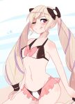 1girl 1girl alluring bangs bare_shoulders bikini blonde_hair blush elise_(fire_emblem) fire_emblem fire_emblem_fates fire_emblem_warriors hair_ribbon intelligent_systems kokomi_(aniesuakkaman) long_hair looking_at_viewer nintendo nipple_bulge nipples purple_eyes purple_hair ribbon simple_background small_breasts smile solo_female swimsuit tongue