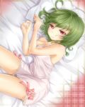 1girl bare_shoulders bed_sheet breasts camisole chemise cleavage female flower frown green_hair high_res highres kazami_yuuka lying on_side pillow red_eyes ribbon shironeko_yuuki short_hair solo strap_slip touhou